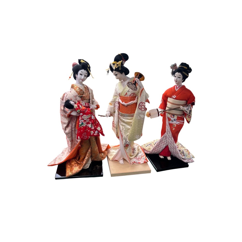 Vintage Japanese Geisha Dolls Set of 3 Silk Kimono Traditional Decor Excellent